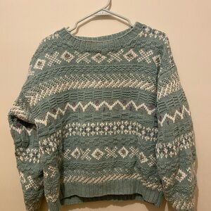 L.L. Bean Vintage Women's Patterned Crew Neck Sweater - Teal and Cream
